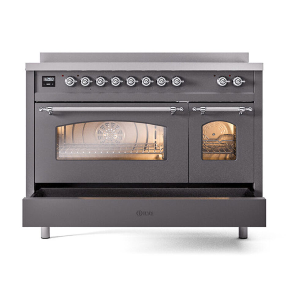ILVE_UPI486NMPMGC_Nostalgie_II_48"_Dual_Fuel_Range_drawer_opened