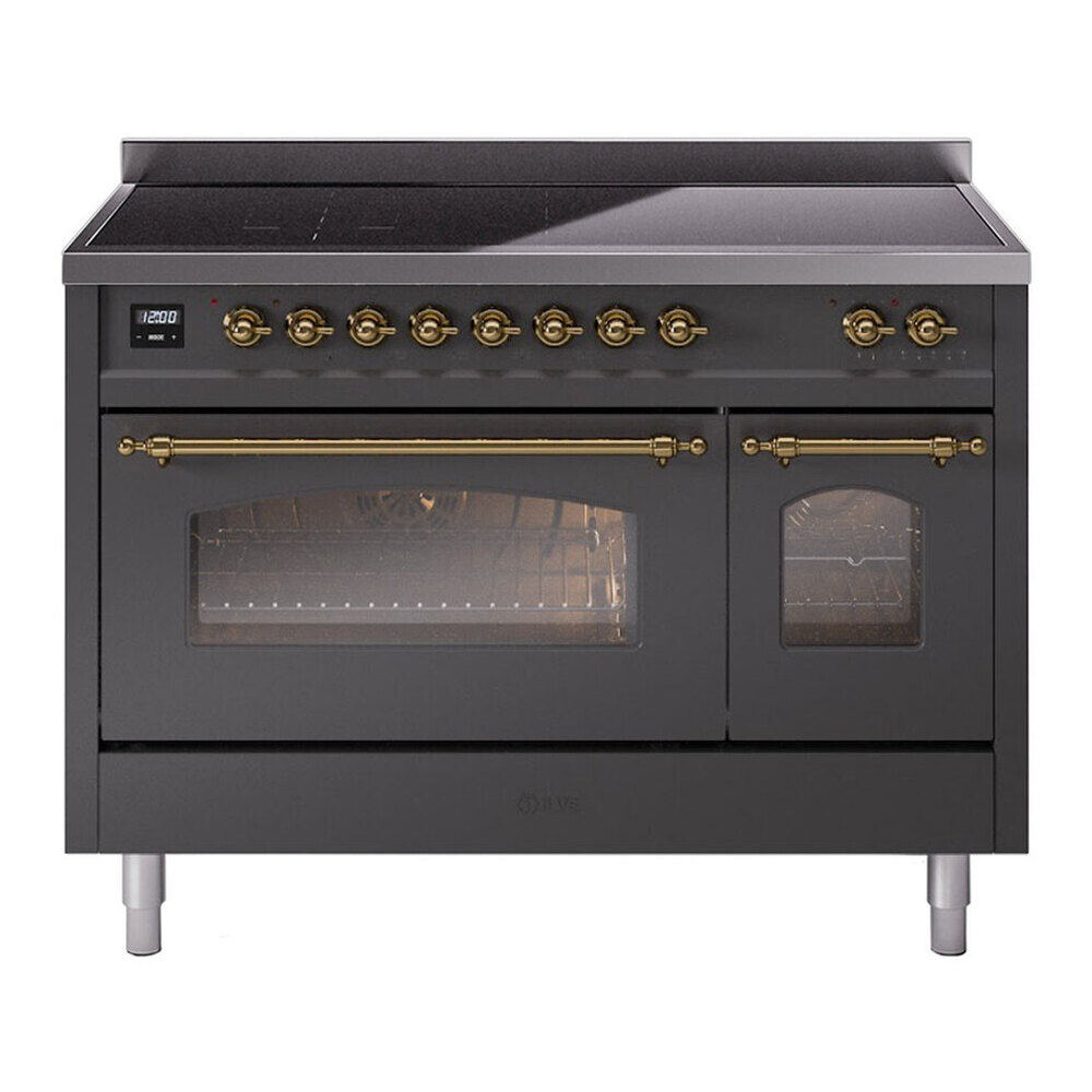 ILVE UPI486NMPMGG Nostalgie II 48 inch Induction Range with 6 Elements (Triple Glass Door, Graphite Matte, Brass) 1 UPI486NMPMGG