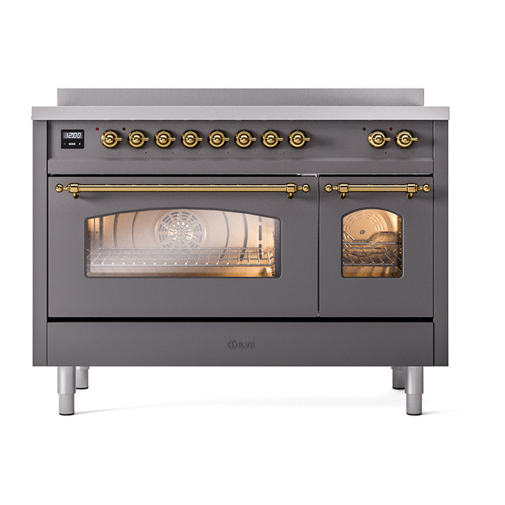 ILVE UPI486NMPMGG Nostalgie II 48 inch Induction Range with 6 Elements (Triple Glass Door, Graphite Matte, Brass) 8 ILVE_UPI486NMPMGG_Nostalgie_II_48"_Dual_Fuel_Range_front_view