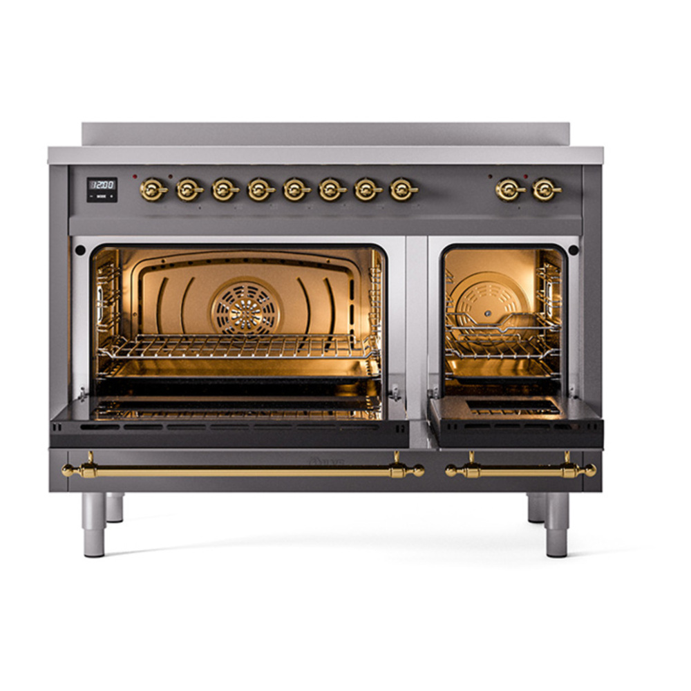 ILVE UPI486NMPMGG Nostalgie II 48 inch Induction Range with 6 Elements (Triple Glass Door, Graphite Matte, Brass) 5 ILVE_UPI486NMPMGG_Nostalgie_II_48"_Dual_Fuel_Range_oven_door_opened