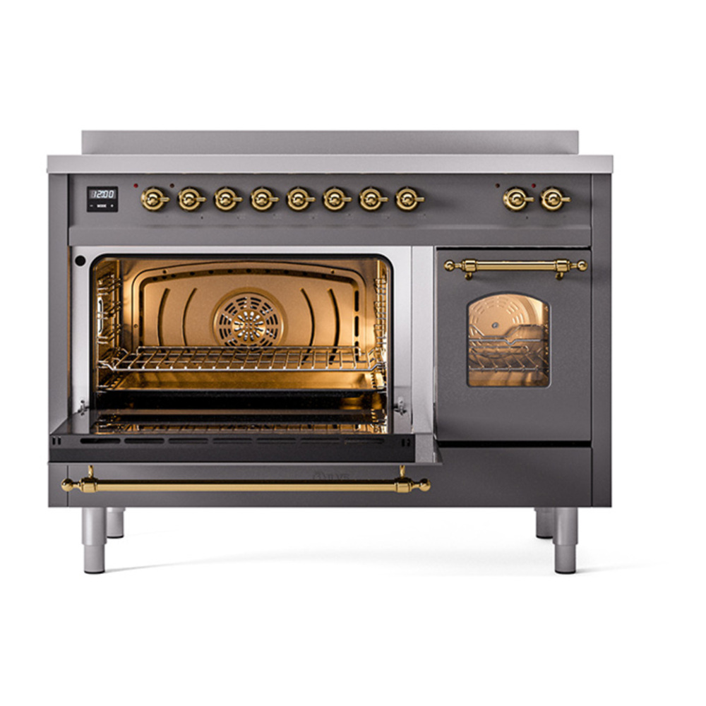ILVE UPI486NMPMGG Nostalgie II 48 inch Induction Range with 6 Elements (Triple Glass Door, Graphite Matte, Brass) 6 ILVE_UPI486NMPMGG_Nostalgie_II_48"_Dual_Fuel_Range_main_oven_door_opened