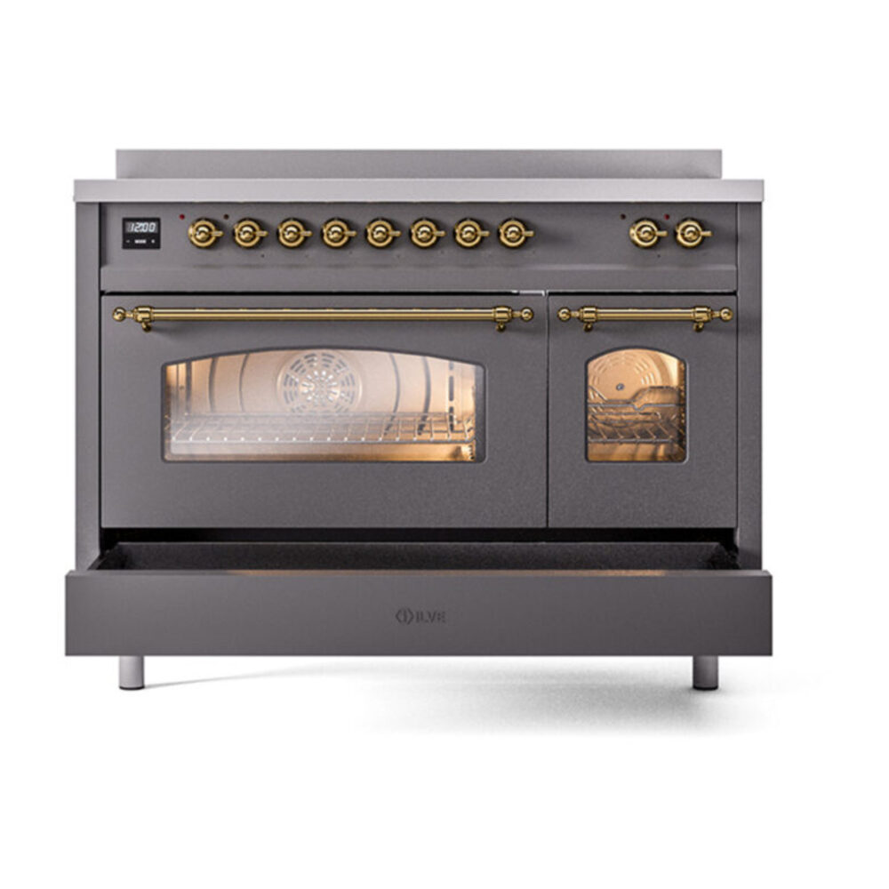 ILVE_UPI486NMPMGG_Nostalgie_II_48"_Dual_Fuel_Range_drawer_opened