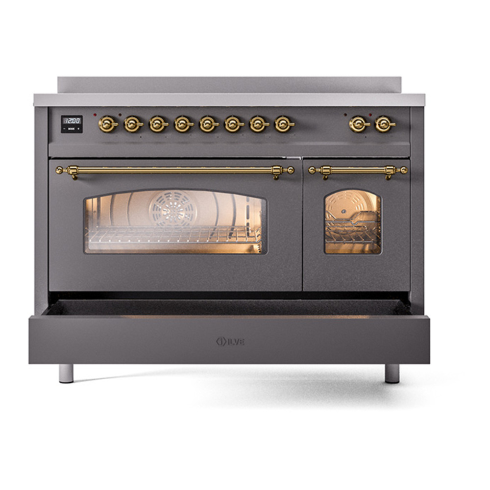 ILVE UPI486NMPMGG Nostalgie II 48 inch Induction Range with 6 Elements (Triple Glass Door, Graphite Matte, Brass) 9 ILVE_UPI486NMPMGG_Nostalgie_II_48"_Dual_Fuel_Range_drawer_opened