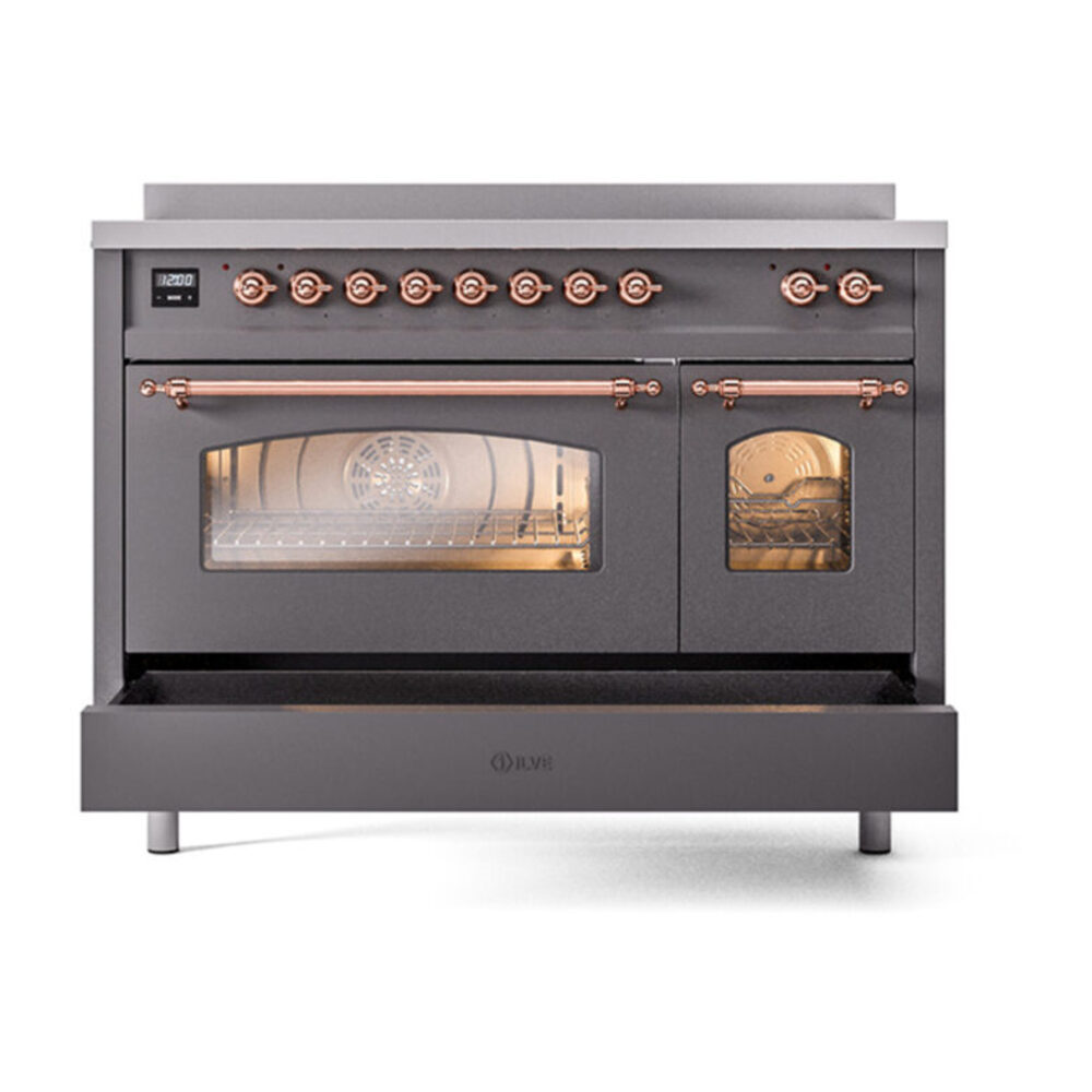 ILVE_UPI486NMPMGP_Nostalgie_II_48"_Dual_Fuel_Range_drawer_opened