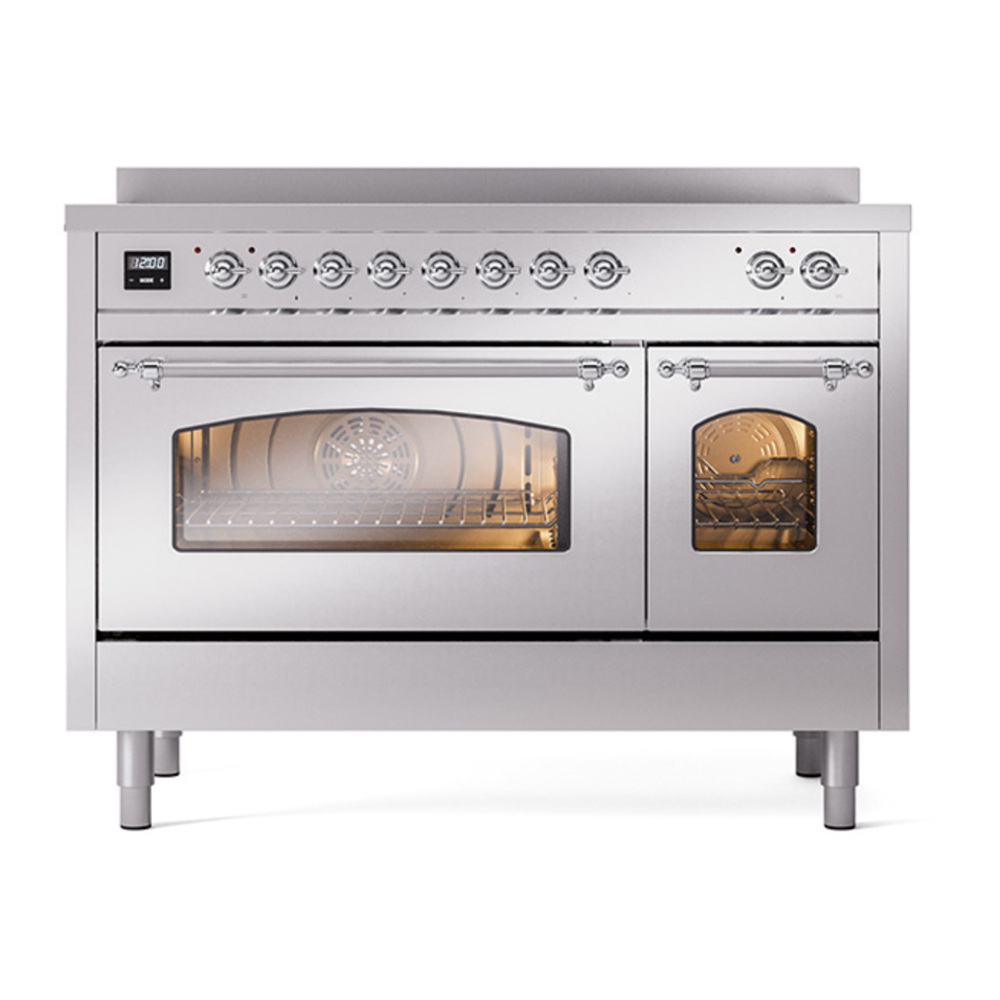 ILVE UPI486NMPSSC Nostalgie II 48 inch Induction Range with 6 Elements (Triple Glass Door, Stainless Steel, Chrome) 8 ILVE_UPI486NMPSSC_Nostalgie_II_48"_Dual_Fuel_Range_front_view