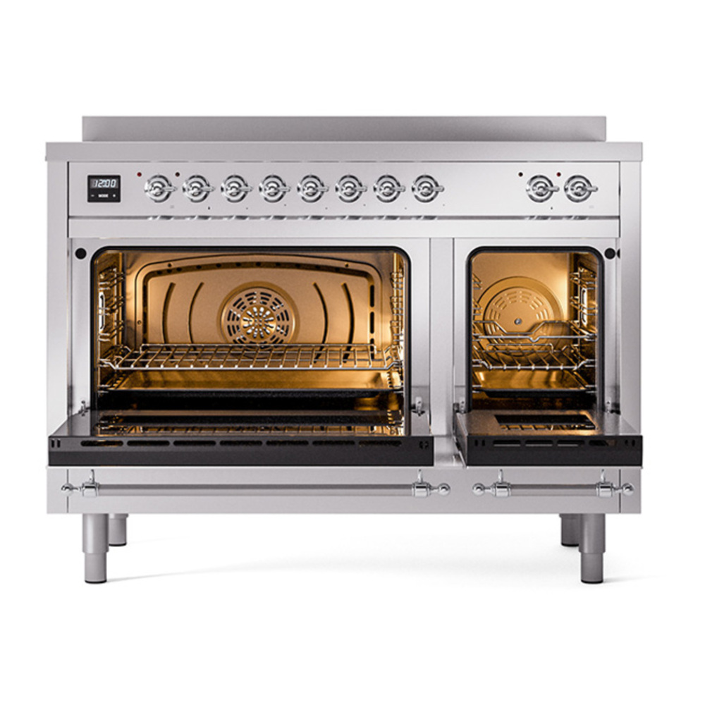 ILVE UPI486NMPSSC Nostalgie II 48 inch Induction Range with 6 Elements (Triple Glass Door, Stainless Steel, Chrome) 5 ILVE_UPI486NMPSSC_Nostalgie_II_48"_Dual_Fuel_Range_oven_door_opened