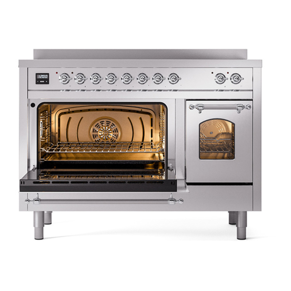ILVE UPI486NMPSSC Nostalgie II 48 inch Induction Range with 6 Elements (Triple Glass Door, Stainless Steel, Chrome) 6 ILVE_UPI486NMPSSC_Nostalgie_II_48"_Dual_Fuel_Range_main_oven_door_opened