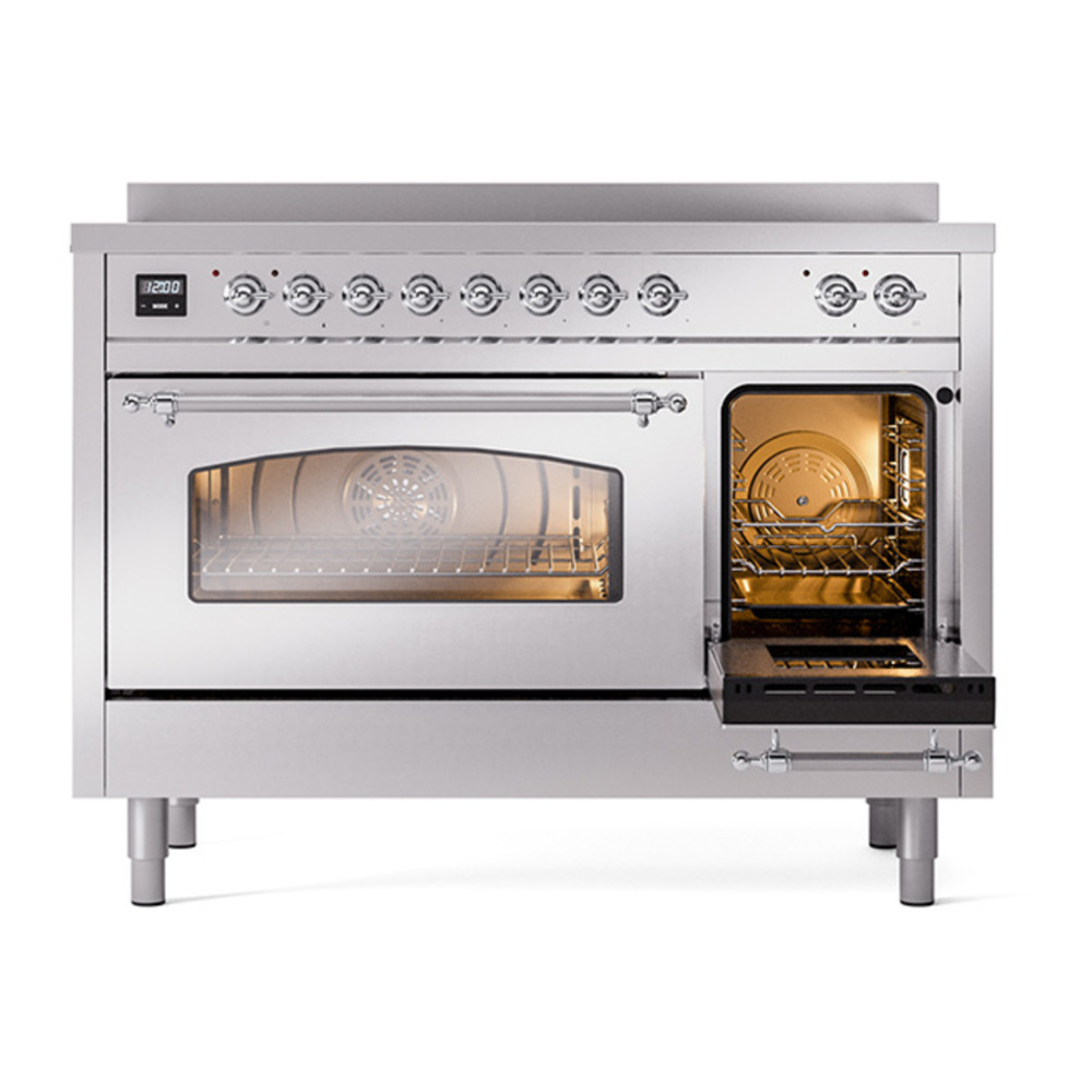 ILVE UPI486NMPSSC Nostalgie II 48 inch Induction Range with 6 Elements (Triple Glass Door, Stainless Steel, Chrome) 7 ILVE_UPI486NMPSSC_Nostalgie_II_48"_Dual_Fuel_Range_side_oven_door_opened