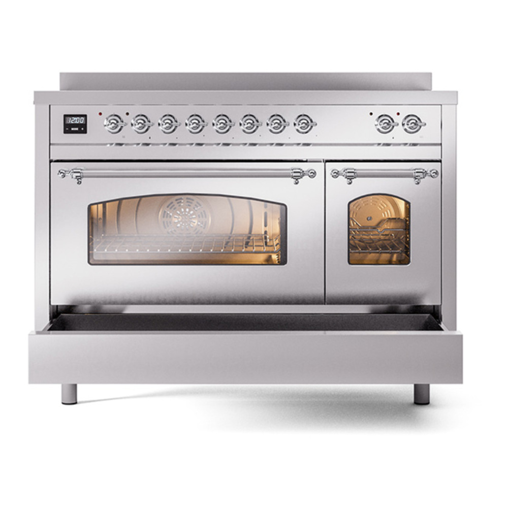 ILVE UPI486NMPSSC Nostalgie II 48 inch Induction Range with 6 Elements (Triple Glass Door, Stainless Steel, Chrome) 9 ILVE_UPI486NMPSSC_Nostalgie_II_48"_Dual_Fuel_Range_drawer_opened