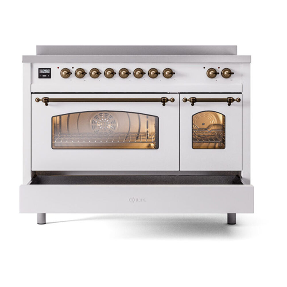 ILVE_UPI486NMPWHB_Nostalgie_II_48"_Dual_Fuel_Range_drawer_opened