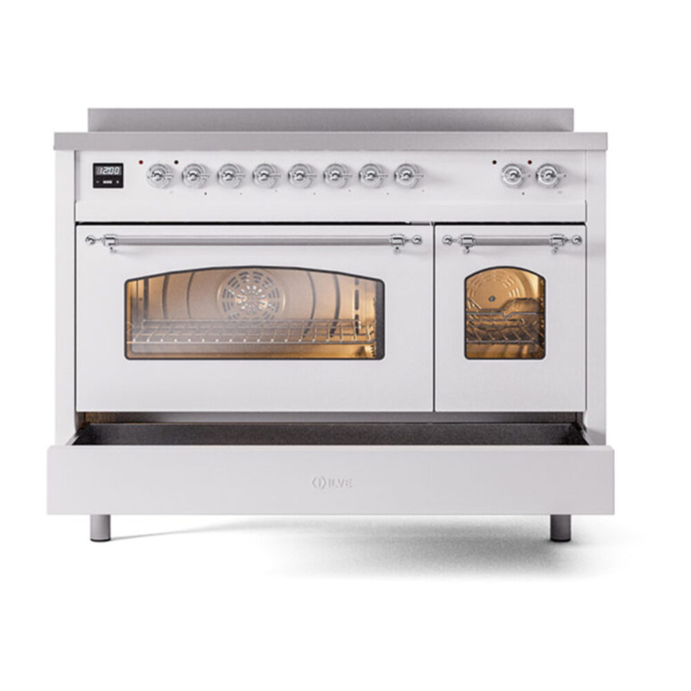 ILVE_UPI486NMPWHC_Nostalgie_II_48"_Dual_Fuel_Range_drawer_opened