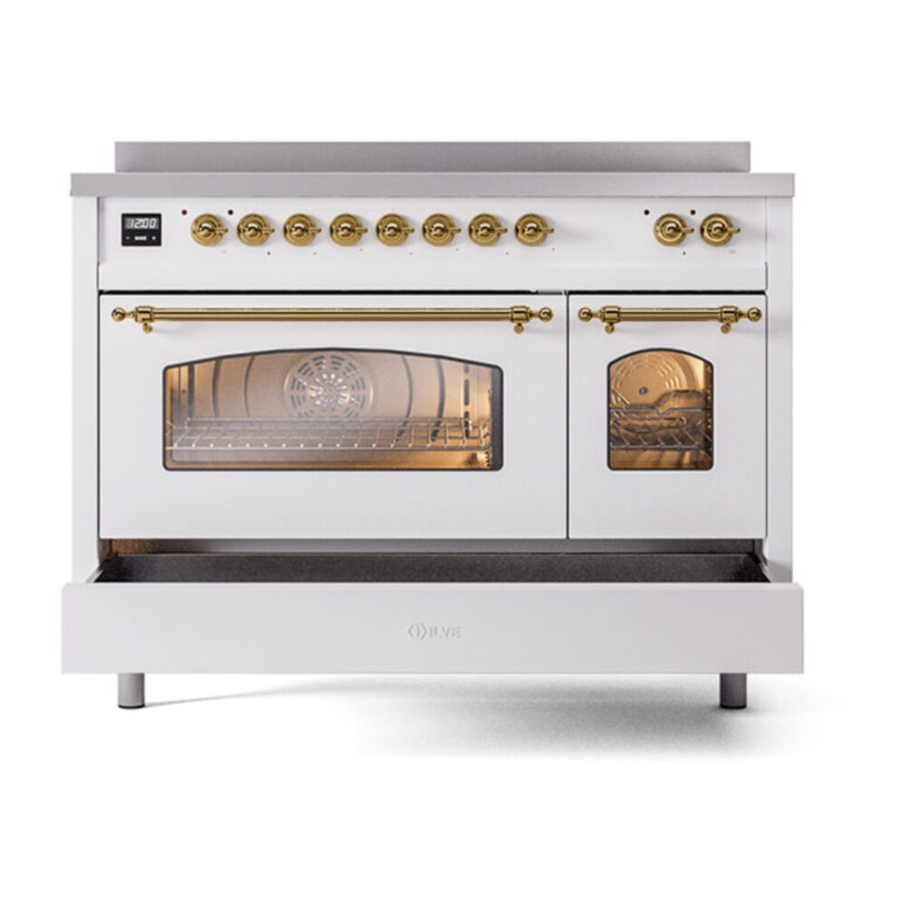ILVE_UPI486NMPWHG_Nostalgie_II_48"_Dual_Fuel_Range_drawer_opened