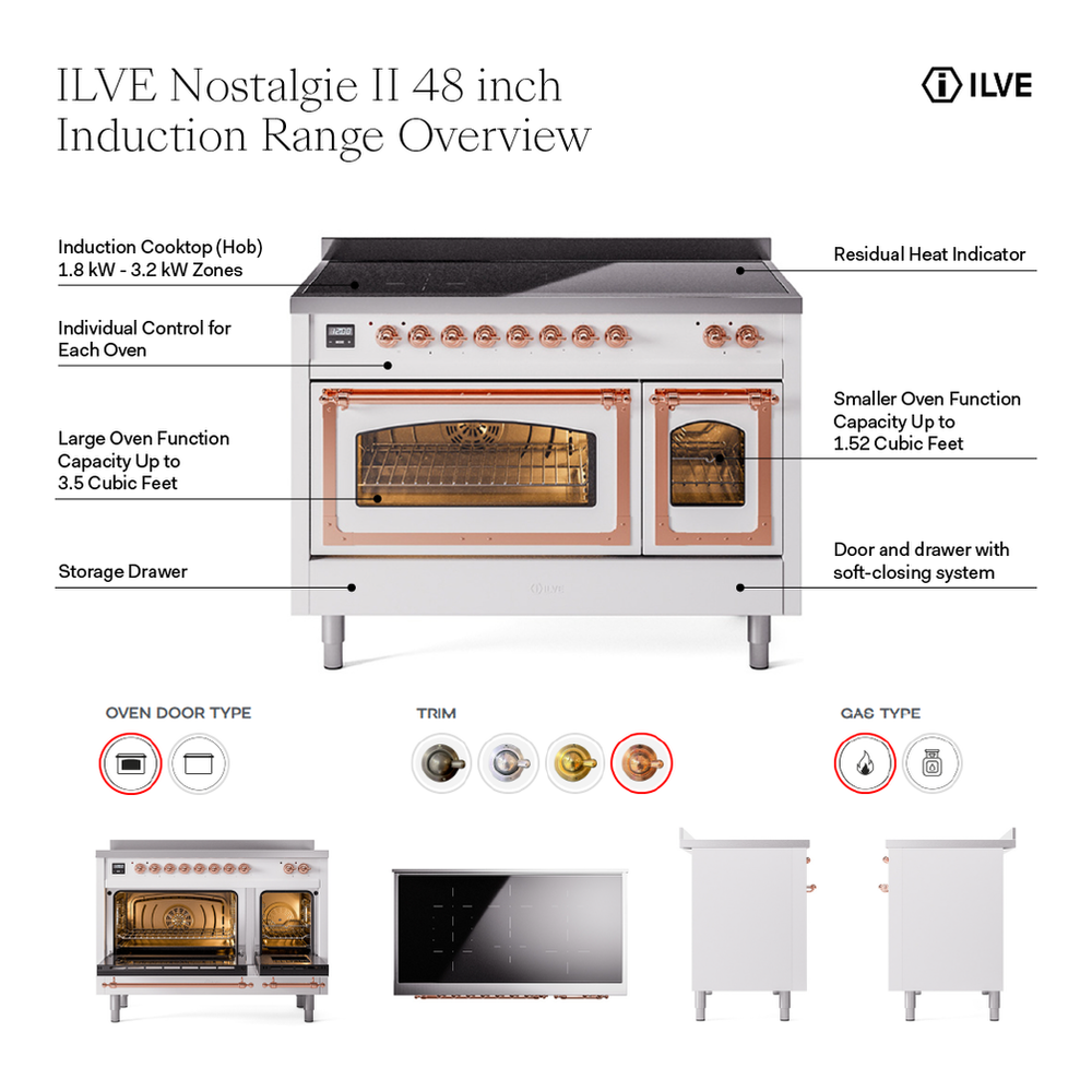 ILVE UPI486NMPWHP Nostalgie II 48 inch Induction Range with 6 Elements (Triple Glass Door, White, Copper) 2 ILVE UPI486NMP Nostalgie II 48 inch Induction Range with 6 Elements