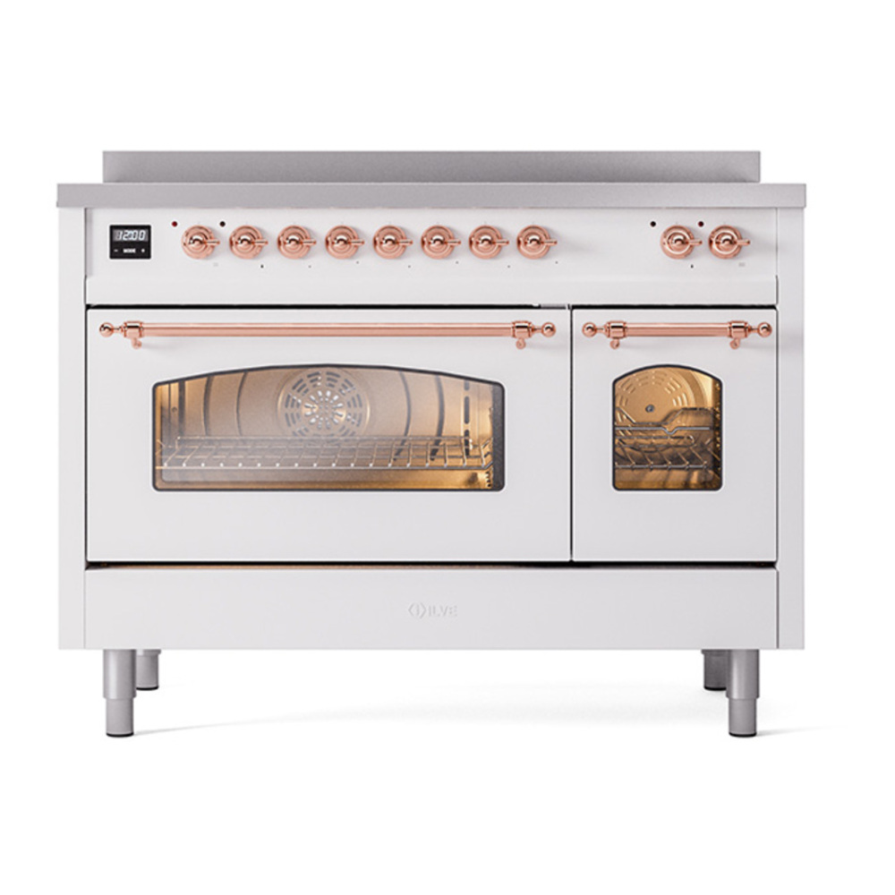 ILVE UPI486NMPWHP Nostalgie II 48 inch Induction Range with 6 Elements (Triple Glass Door, White, Copper) 8 ILVE_UPI486NMPWHP_Nostalgie_II_48"_Dual_Fuel_Range_front_view
