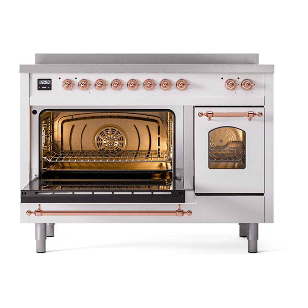 ILVE UPI486NMPWHP Nostalgie II 48 inch Induction Range with 6 Elements (Triple Glass Door, White, Copper) 6 ILVE_UPI486NMPWHP_Nostalgie_II_48"_Dual_Fuel_Range_main_oven_door_opened