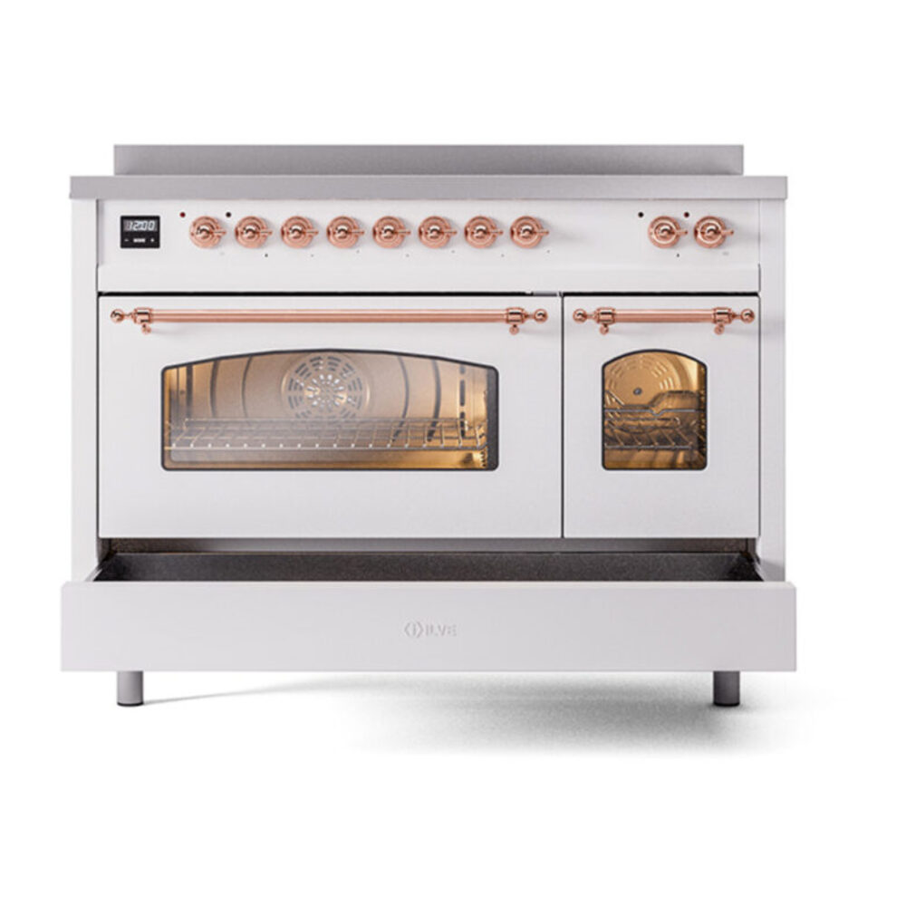 ILVE_UPI486NMPWHP_Nostalgie_II_48"_Dual_Fuel_Range_drawer_opened