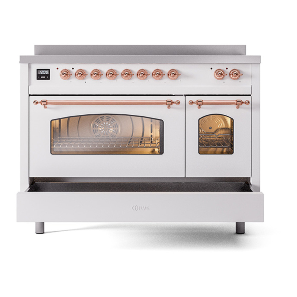 ILVE UPI486NMPWHP Nostalgie II 48 inch Induction Range with 6 Elements (Triple Glass Door, White, Copper) 9 ILVE_UPI486NMPWHP_Nostalgie_II_48"_Dual_Fuel_Range_drawer_opened