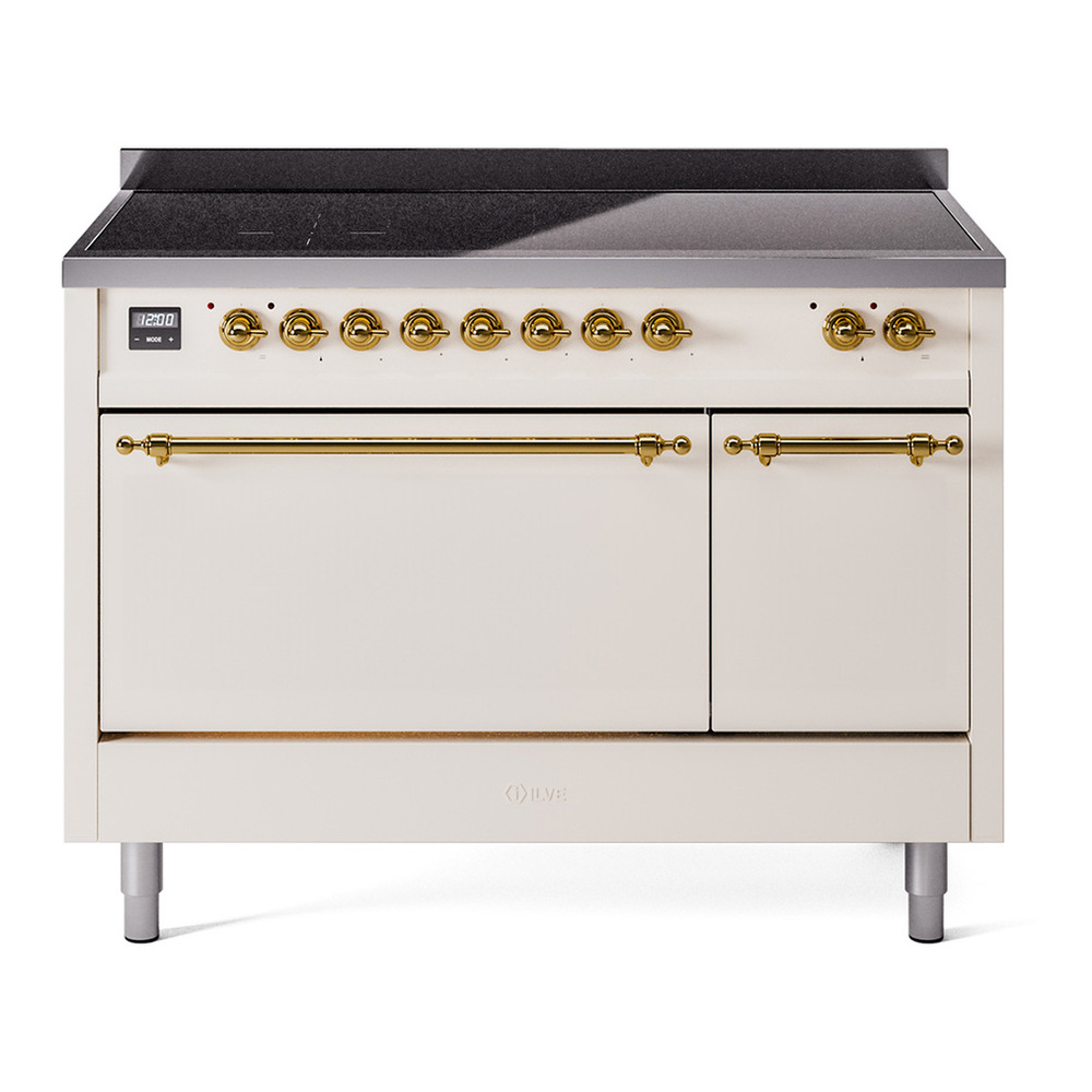 ILVE UPI486QNMPAWG Nostalgie II 48 inch Induction Range with 6 Elements (Solid Door, Antique White, Brass) 1 UPI486QNMPAWG