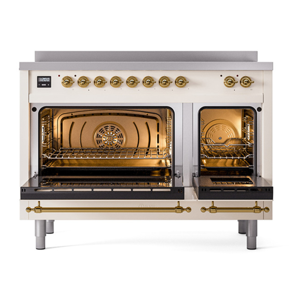 ILVE UPI486QNMPAWG Nostalgie II 48 inch Induction Range with 6 Elements (Solid Door, Antique White, Brass) 5 ILVE_UPI486QNMPAWG_Nostalgie_II_48"_Dual_Fuel_Range_oven_door_opened