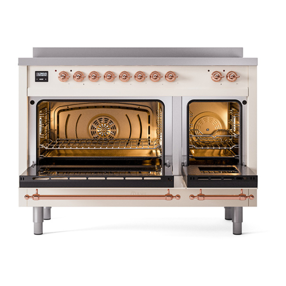 ILVE UPI486QNMPAWP Nostalgie II 48 inch Induction Range with 6 Elements (Solid Door, Antique White, Copper) 5 ILVE_UPI486QNMPAWP_Nostalgie_II_48"_Dual_Fuel_Range_oven_door_opened