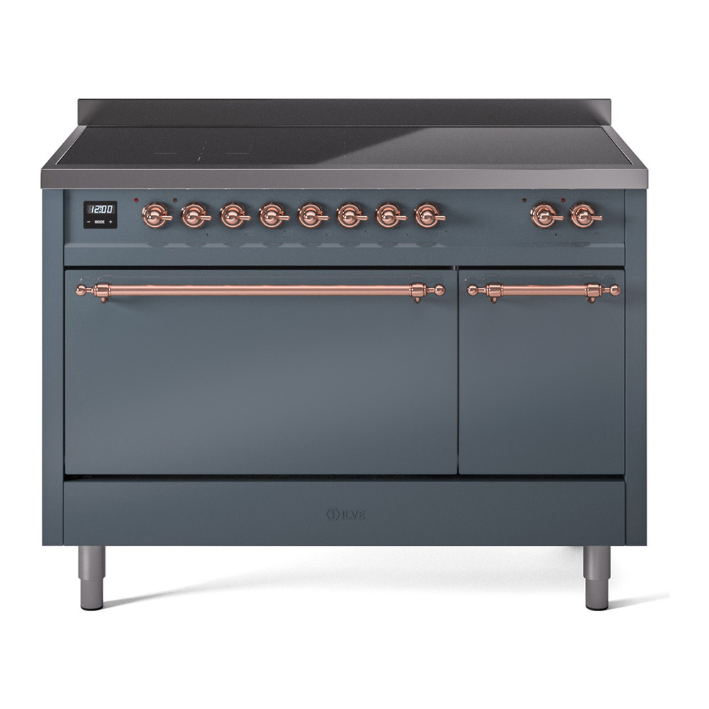 ILVE UPI486QNMPBGP Nostalgie II 48 inch Induction Range with 6 Elements (Solid Door, Blue Grey, Copper) 1 UPI486QNMPBGP