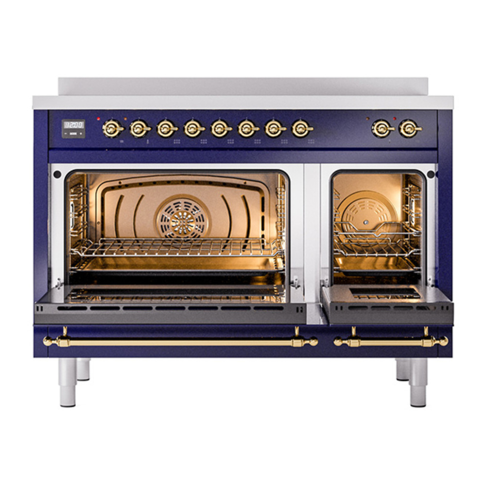 ILVE UPI486QNMPMBG Nostalgie II 48 inch Induction Range with 6 Elements (Solid Door, Midnight Blue, Brass) 5 ILVE_UPI486QNMPMBG_Nostalgie_II_48"_Dual_Fuel_Range_oven_door_opened