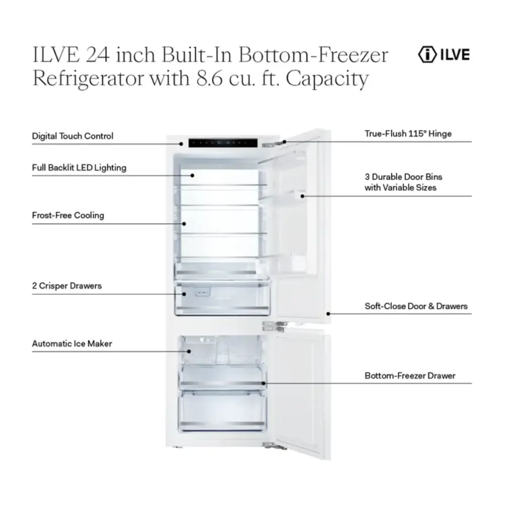 ILVE URBM22SIWPRY 24 inch Built-In Bottom Freezer Refrigerator with 8.6 cu. ft. Capacity, Automatic Ice Maker, in Panel Ready