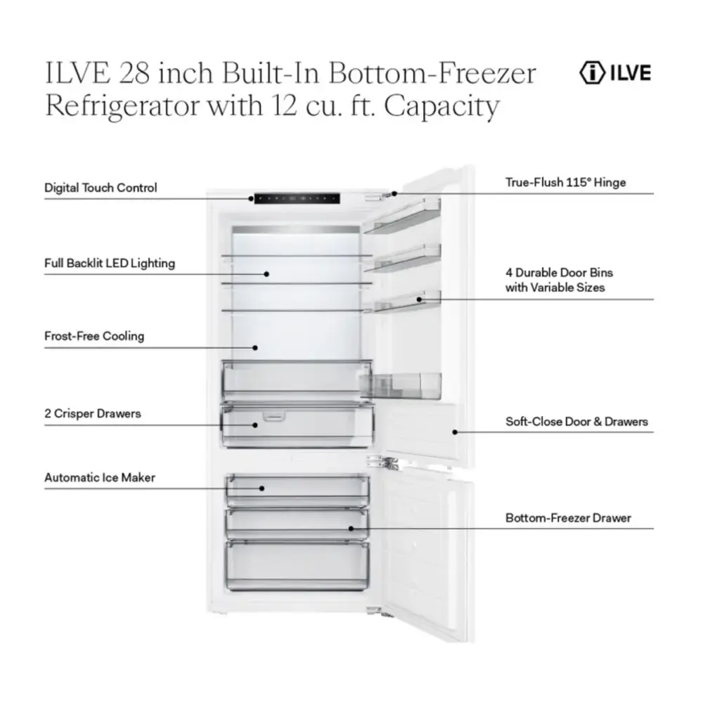 ILVE URBM28SIWPRY 28 inch Bottom Freezer Refrigerator with 12 cu. ft. Capacity, Automatic Ice Maker, in Panel Ready