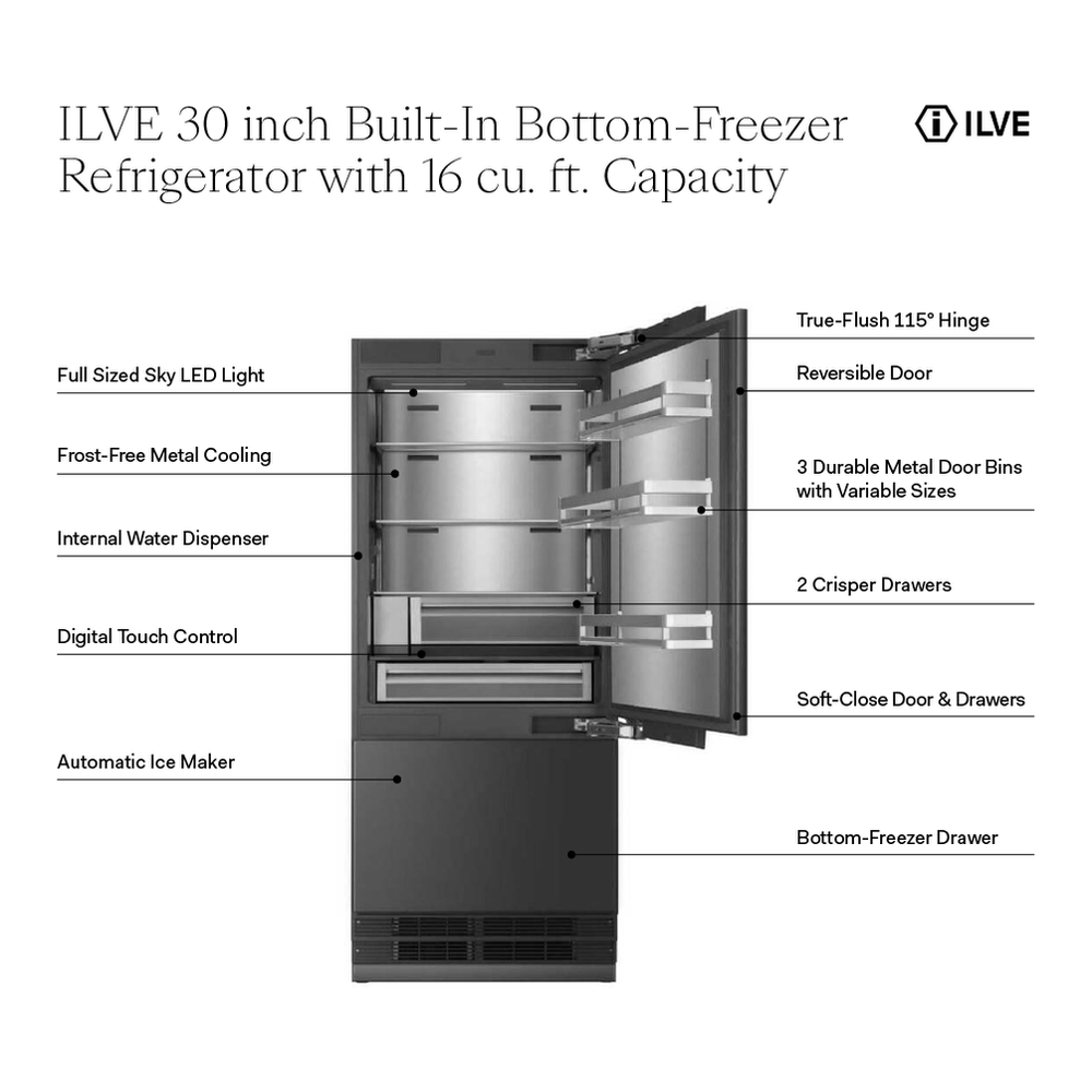 ILVE URBM30SIWPRY 30 inch Built-In Bottom Freezer Refrigerator with 16 cu. ft. Capacity, Reversible Door, Energy Star, Sabbath Mode 2 ILVE URBM30SIWPRY 30 inch Built-In Bottom Freezer Refrigerator with 16 cu. ft. Capacity, Reversible Door, Energy Star, Sabbath Mode