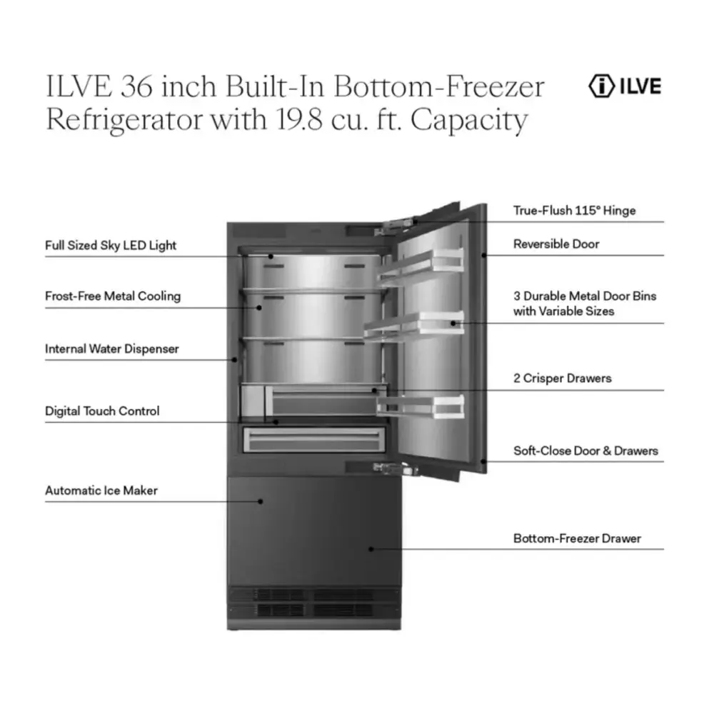ILVE URBM36SIWPRY 36 inch Built-In Bottom Freezer Refrigerator with 19.8 cu. ft. Capacity, Reversible Door, Energy Star, Sabbath Mode
