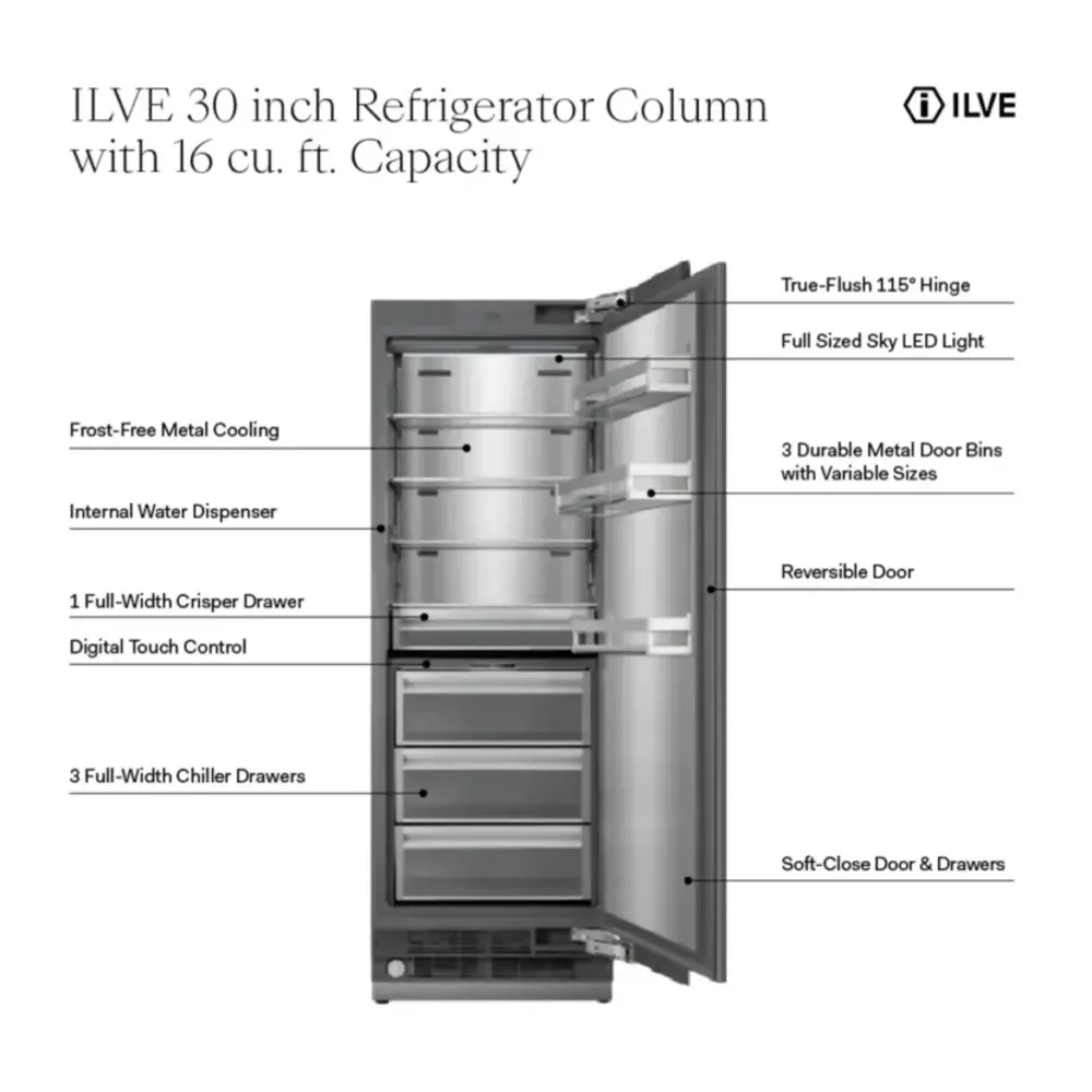 ILVE URFC30SNW 30 inch Refrigerator Column with 16 cu. ft. Capacity, Internal Water Dispenser, Reversible Door