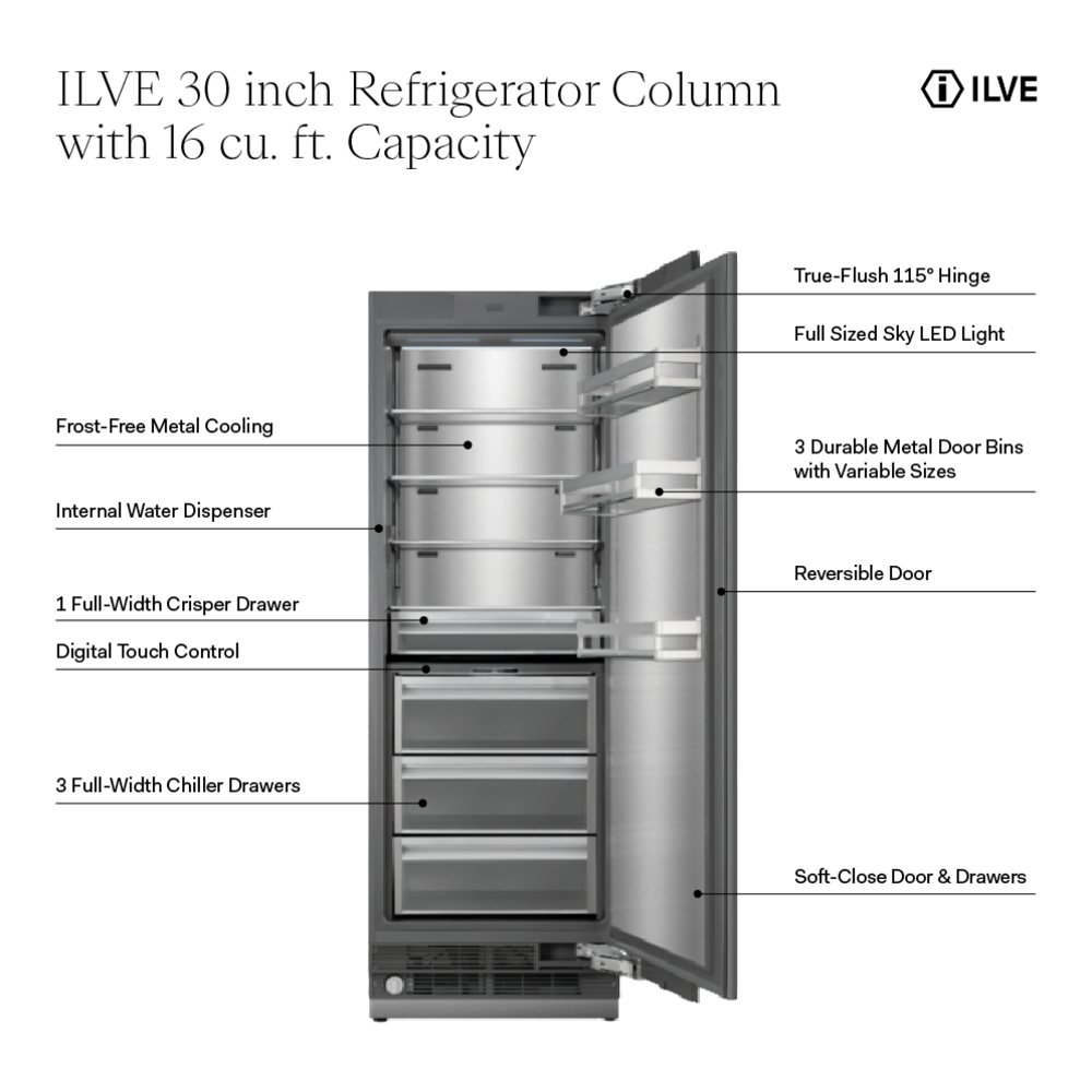 ILVE URFC30SNWPRY 30 inch Refrigerator Column with 16 cu. ft. Capacity, Internal Water Dispenser, Reversible Door 2 ILVE URFC30SNW 30 inch Refrigerator Column with 16 cu. ft. Capacity, Internal Water Dispenser, Reversible Door