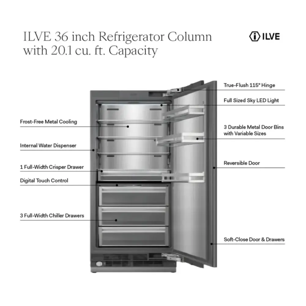ILVE URFC36SNW 36 inch Refrigerator Column with 20.1 cu. ft. Capacity, Internal Water Dispenser, Reversible Door