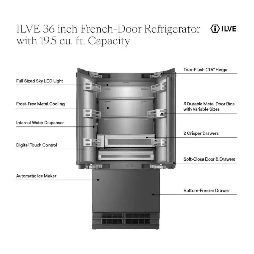 ILVE URFD36SIWPRY 36 inch Built-In French Door Refrigerator with 19.5 cu. ft. Capacity, Internal Water Dispenser, Ice Maker, Energy Star, Sabbath Mode