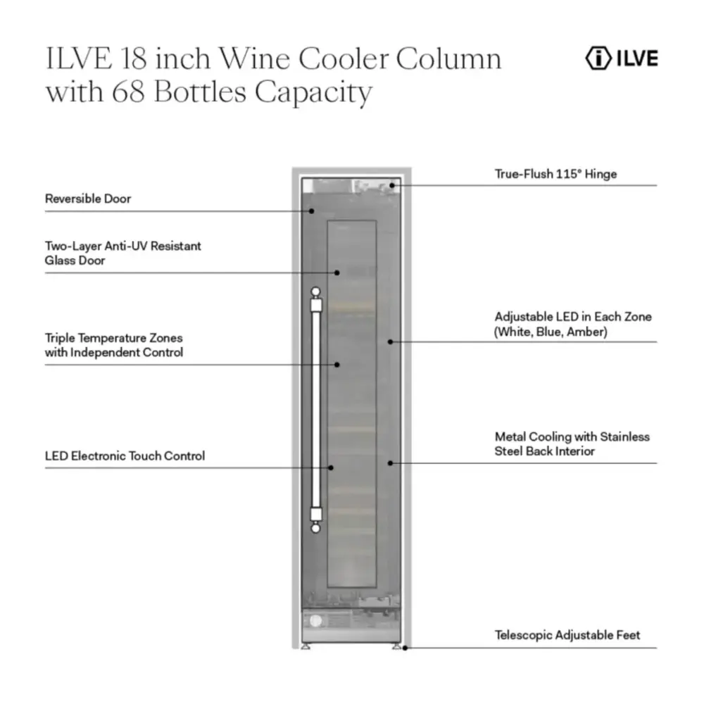 ILVE UWFC18BNNPRY 18 inch Built-In Triple Zone Wine Column with 68 Bottle Capacity, in Panel Ready
