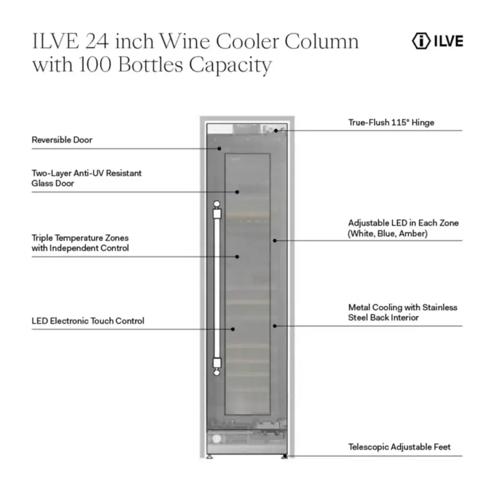 ILVE UWFC24BNNPRY 24 inch Built-In Triple Zone Wine Column with 100 Bottle Capacity, in Panel Ready