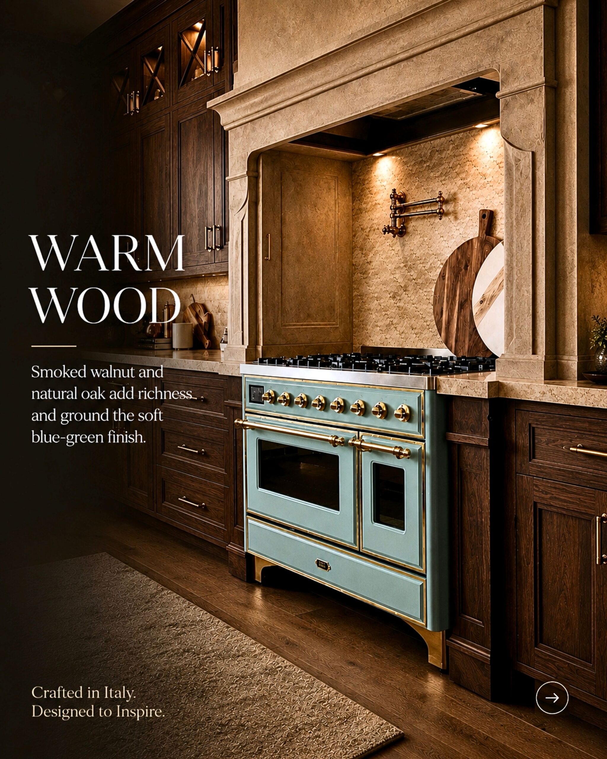 Mediterranean Mint ILVE Majestic range with smoked walnut cabinetry in a luxury kitchen
