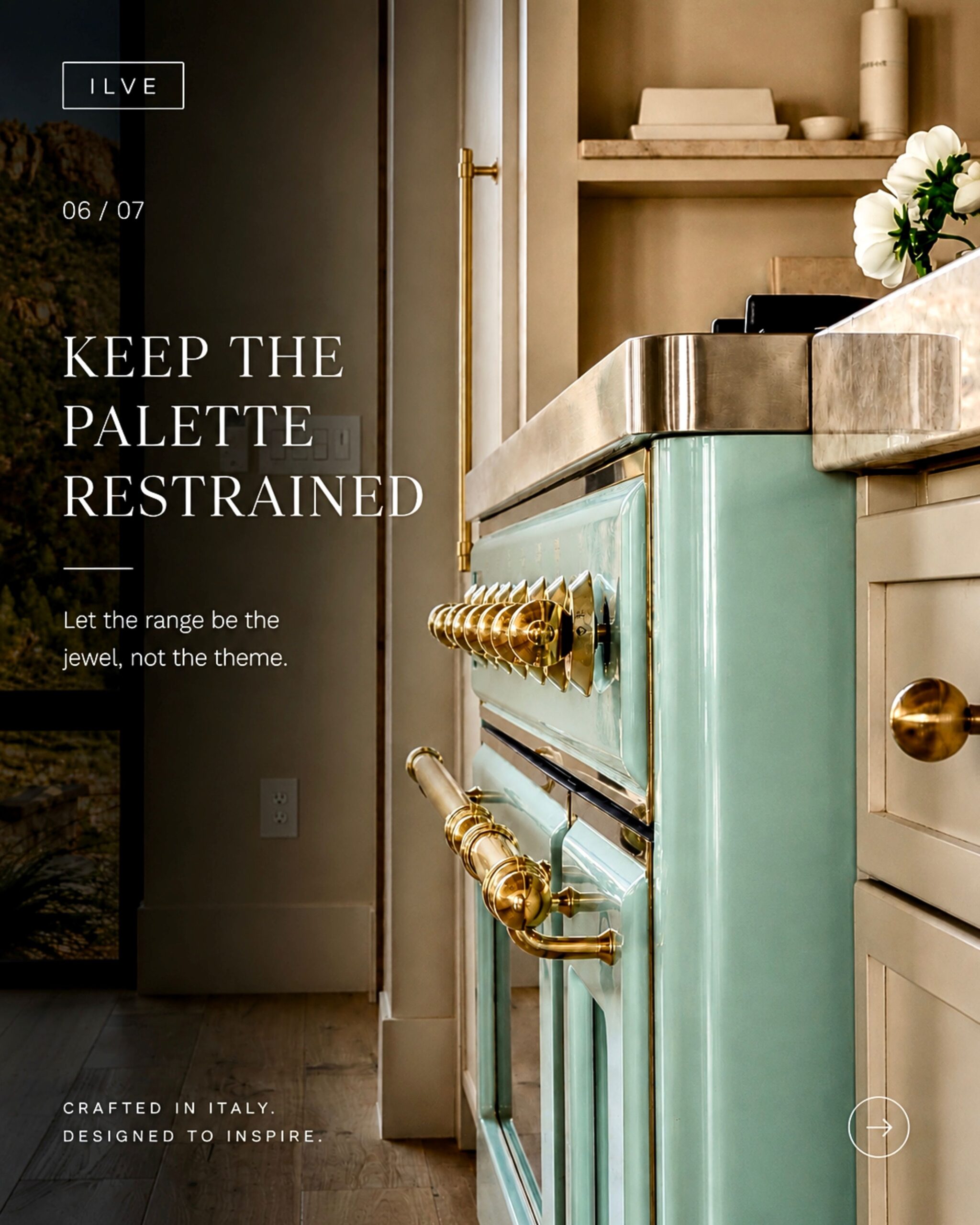 Mediterranean Mint ILVE range as the focal point of a restrained neutral luxury kitchen